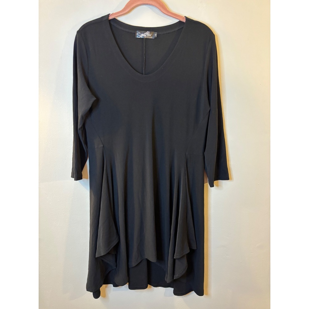 Sympli Black Stretch Knit Asymmetric Tunic Top 12 3/4 length sleeve